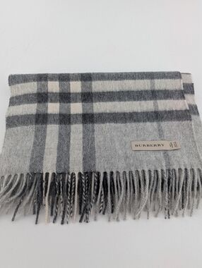 Burberry Grey and Cream Checked Cashmere Scarf
